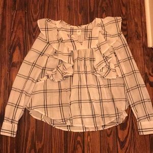 Gap white ruffle blouse black plaid